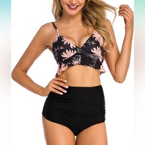 New COSKAKA Womens Black Floral High Waisted Tankini/Bikini Set XL X-Large
